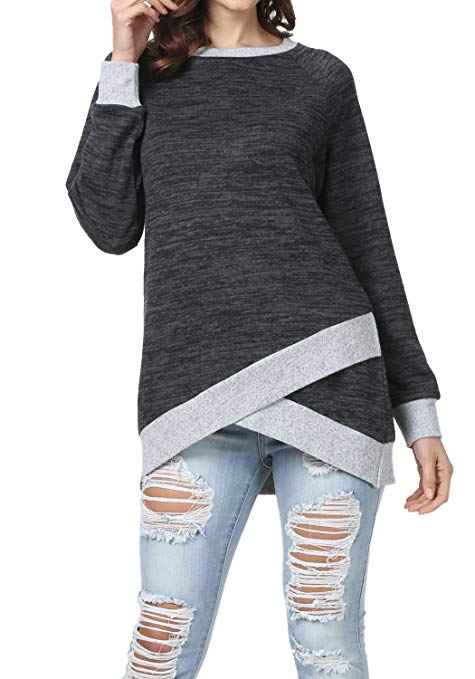 levaca Women's Long Sleeve O Neck Cross Front Hem Loose Fit Casual Tunic Tops