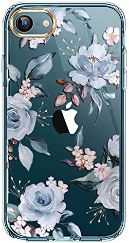 luolnh iPhone Se 2020 Case,iPhone 7 8 Cute Case with Flowers,for Girly Women,Shockproof Clear Floral Pattern Hard Back Cover for iPhone SE 2020 /iPhone 7/8 -Blue