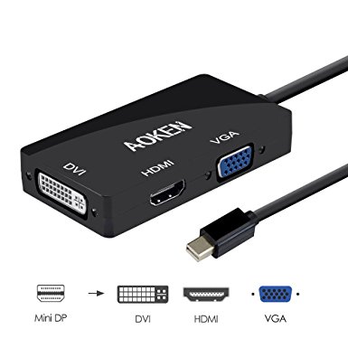 Aoken 3-in-1 Mini DisplayPort to HDMI / VGA / DVI Adapter Male to Female, Thunderbolt Port Compatible