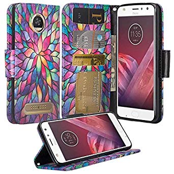Motorola Moto E4 Case, Moto E4 Wallet Case, Wrist Strap Flip Folio [Kickstand] Pu Leather Wallet Case with ID&Credit Card Slot For Moto E4 - (Rainbow Flower)