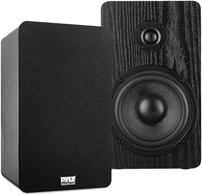 5.25'' Home Theater Wooden Bookshelf Speakers- Wall Mountable with 0.75'' Silk Dome Tweeter and Aluminum Voice Coils, Pair, Neat Black Color, Gold Plated 5 Way Binding Post - PSMSP5