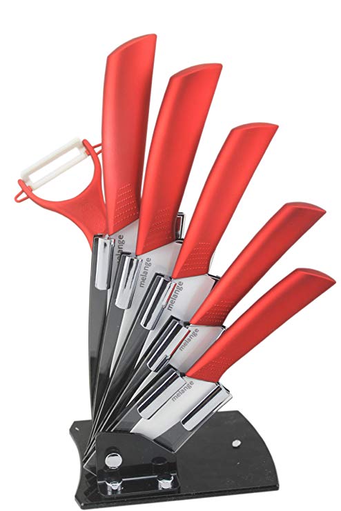 Melange 7-Piece Ceramic Knife Set with Metal Red Handle and White Blade, Includes 6-Inch Chef's, 5-Inch Santoku, 5-Inch Slicing, 4-Inch Utility, 3-Inch Pairing, Peeler and Acrylic Holder