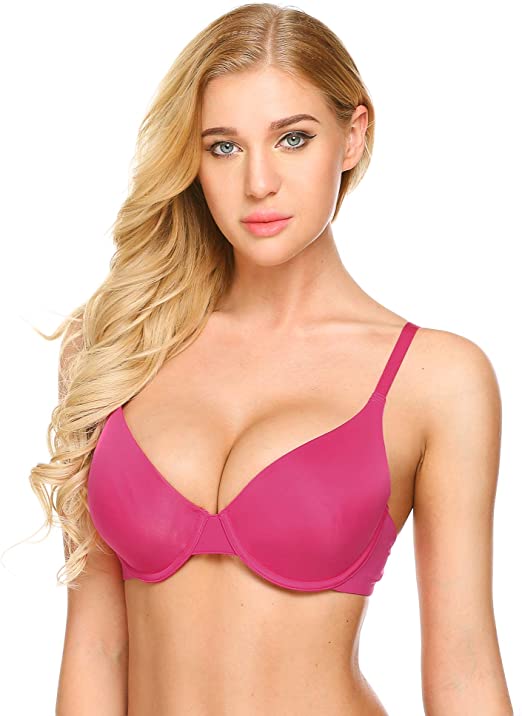 Ekouaer Bras for Everyday Basic Comfort Lightly Padded Underwire Plunge T-Shirt Bra 32A-38DD