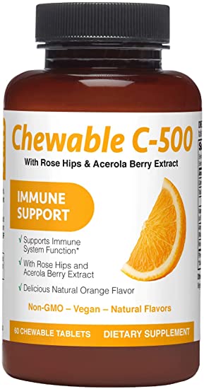 Chewable Vitamin C-500mg, Immune Support, Natural Orange Flavor, Natural Sweeteners, 60 Chewable Tablets, 2 Month Supply, Vegan, GMO-Free, GMP Certified, Ultimate Value