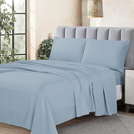 Cathay Home Essentials Ultra Soft Hypoallergenic Wrinkle Resistant Double Brushed Microfiber Bedding Sheet Set, Blue Fog, Twin