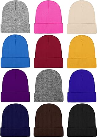 Cooraby 12 Pack Knitted Winter Beanies Acrylic Warm Skull Cap Cuff Watch Hat for Men or Women