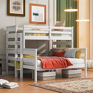 Harper & Bright Designs Detachable Design Twin XL Over Queen Bunk Bed with Ladder,Wood Twin-Over-Queen Bunk Bed Frame with Guardrail,Separated into 2 Beds,White