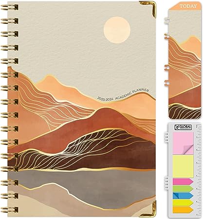 HARDCOVER Academic Year 2023-2024 Planner: (June 2023 Through July 2024) 5.5"x8" Daily Weekly Monthly Planner Yearly Agenda. Bookmark, Pocket Folder and Sticky Note Set (Golden Desert)