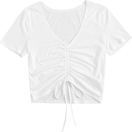 DIDK Damen Crop Top Bauchfrei Oberteile mit Kordelzug Kurzarmshirts Sommershirts mit Wellensaum