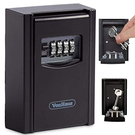 VonHaus Key Lock Box Key Storage 4 Digits Combination Outdoor Key Safe Outside Wall Mounting Kit Weatherproof - Holds 5 Keys, Black