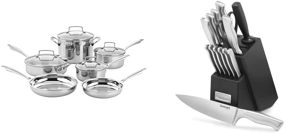 Cuisinart TPS-10 10 Piece Tri-ply Stainless Steel Cookware Set, PC, Silver & C77SS-15PK 15-Piece Stainless Steel Hollow Handle Block Set