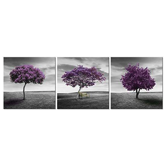 Pyradecor 3 Panels Purple Trees Giclee Canvas Prints Wall Art Paintings for Living Room Bedroom Home Decorations Large Modern Gallery Wrapped Landscape Fall Forest Pictures Artwork Ready to Hang L