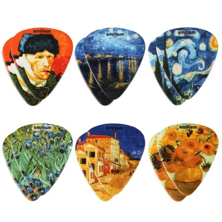 Guitar Picks Smilism Pearl Celluloid Unique Van Gogh - 12 Pack - Sunflowers The Starry Night Self-portrait with bandaged ear Irises Starry Night over the Rhone Best Gifts for Guitarist