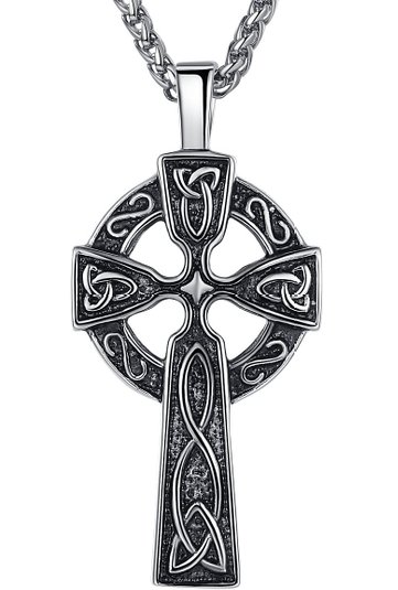 Men's Stainless Steel Large Celtic Cross Irish Knot Pendant Necklace, 24" Link Chain, aap011