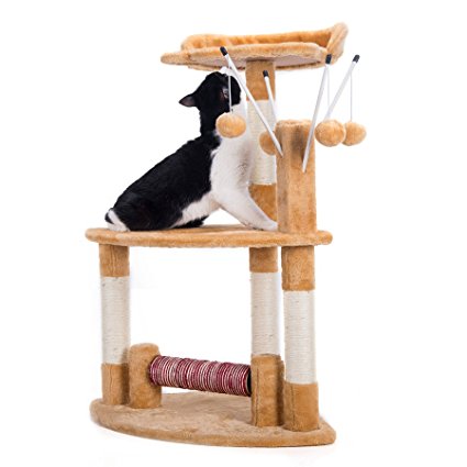 CO-Z 35'' Cat Tree House Condo Perch, Cat Furniture, with Scratching Ramp & Dangling Toys, Brown