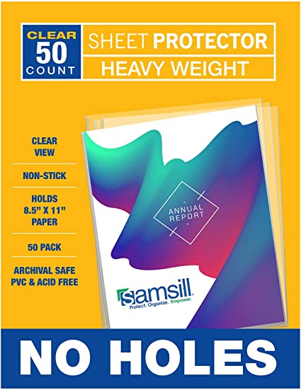 Samsill 50 Pack No Hole Clear Sheet Protectors, 8.5 x 11 Inches, Heavyweight and Top Leading