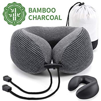 GiiYoon Travel Pillow, The Latest Bamboo Charcoal Neck Support Pillow, Upgraded The Ordinary Memory Foam to Bamboo Charcoal Memory Foam, Breathable & Washable Cover (Black)