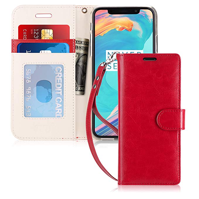 FYY Case for iPhone X, [RFID Blocking wallet Case] Handmade Flip Folio Case [Kickstand Feature] With ID and Credit Card Protector for Apple iPhone X Edition(2017) Red