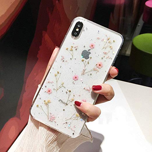 iPhone 8 Plus Flower Case, Shinymore Soft Clear Flexible Rubber Pressed Dry Real Flowers Case Girls Glitter Floral Cover for iPhone 7 Plus/8 Plus-Pink