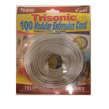 Trisonic Telephone Phone Extension Cord Cable Line Wire (100 Feet, White)