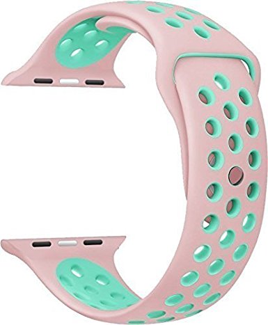 Soft Silicone Sport Replacement Strap for Apple Watch Band 38mm Series 3 Series 2 Series 1 Sport & Edition (38mm S/M Pink/Mint Green)