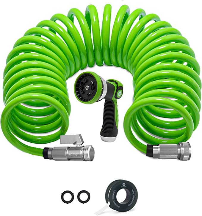 Morvat 25 FT Coil Garden Hose with ON/OFF Valve, Expandable Spiral Spring Water Hose with Nickel Plated Brass Fittings, for Boats Yard & RV, Includes 10 Way Spray Nozzle, Teflon Tape & 2 Extra Washers