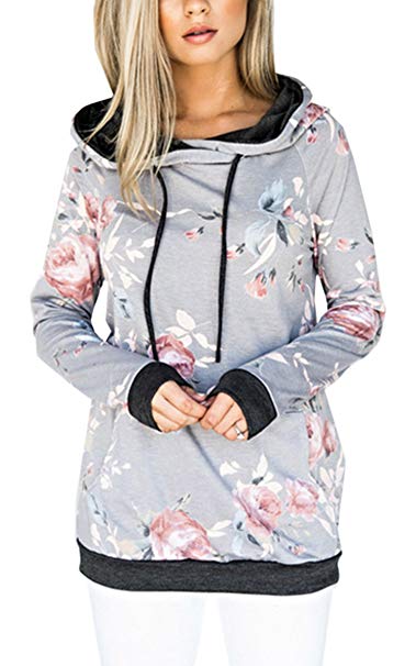 Angashion Women Hoodies-Tops- Floral Printed Long Sleeve Pocket Drawstring Sweatshirt with Pocket