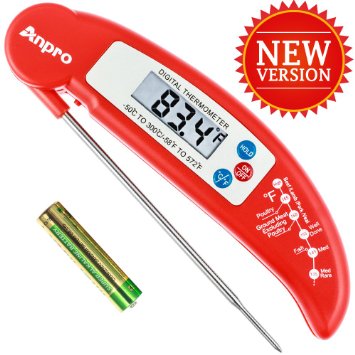 Anpro Digital Instant Read Cooking Thermometer with Stainless Probe Best for Food Meat Cooking BBQ Poultry Grill Food and Candy - Red