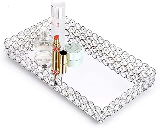 Hipiwe Crystal Cosmetic Makeup Tray - Large Mirrored Vanity Tray Jewelry Trinket Organizer TrayTray Home Decorative Dresser Tray Bathroom Tray