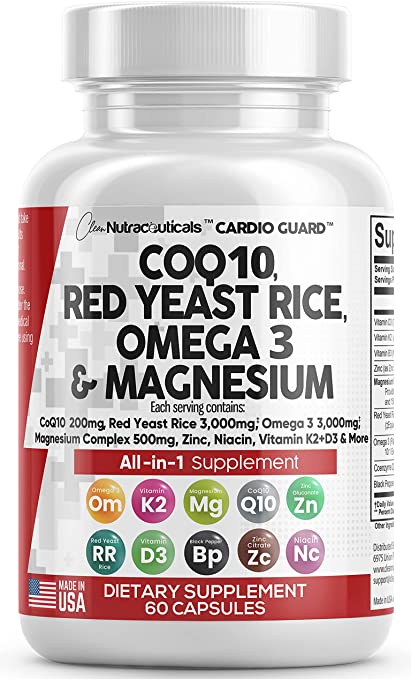 COQ10 200mg Red Yeast Rice 3000mg Omega 3 3000mg Magnesium Complex 500mg Niacin Zinc Vitamin K2 D3 - Heart Health Support Vitamins for Women and Men with Vitamin B3, Coenzyme Q10 - Made in USA 60 Caps