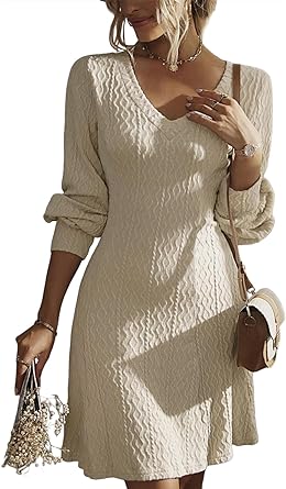 Dokotoo Womens Dresses 2023 Trendy Casual Long Sleeve V Neck Knit A Line Pullover Sweater Mini Dress