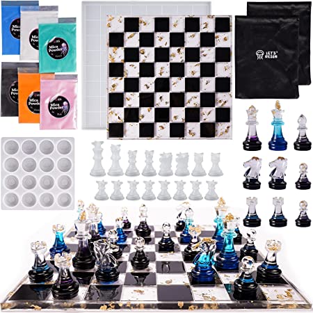 LET'S RESIN Chess Molds for Resin Casting, Upgraded Resin Chess Set Mold with 16 Piece 3D Full Size Chess Checkers & Chess Board Epoxy Silicone Resin Molds, DIY Chess Board Game for Kids & Adults