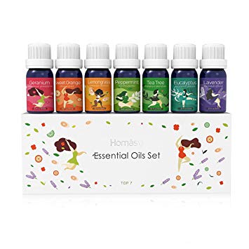 Homasy Essential Oils, 100% Pure & Natural Seven+ Top 7 Therapeutic-Grade Aromatherapy Oil Gift Set - Peppermint, Lavender, Geranium, Sweet Orange, Eucalyptus, Tea Tree, and Lemongrass (7 x 10ml)