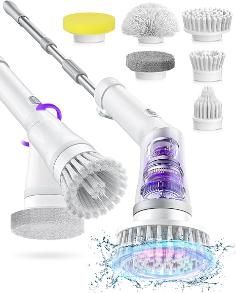 Electric Spin Scrubber, Cordless Cleaning Brush with Adjustable Extension Handle 6 Replaceable Brush Heads, 2H Power Dual Speed, IPX7 Waterproof for Bathroom Tub Tile Floor Car