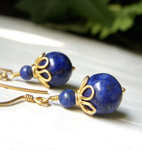 Genuine Lapis Lazuli Earrings - Bali Gold Vermeil Drop - Blue Round Gemstone