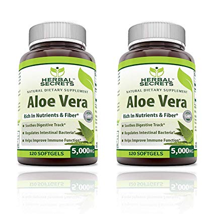 Herbal Secrets Aloe Vera Natural Dietary Supplements, 120 Softgels, 5000 Mg (Pack of 2)