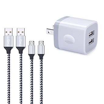 Phone Charger Cube, FiveBox 2.1A Dual Port USB Wall Charger Brick Plug Charging Box Case Block With 2-Pack 6ft Micro USB Cable Charger Cord For Samsung Galaxy S6/S7 Plus Edge, J3 J7 Note5 and Android