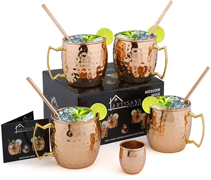 Moscow Mule Copper Mugs, Copper Mugs, Mug with Brass Handle, with Copper Straws, Jigger and Shot Glass (Pure Copper)