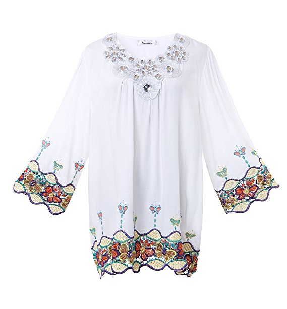 Olrain Women Vintage Butterfly Embroidery Beaded Collar Loose Blouse Tops