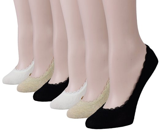 Fitu Women's No Show Liner Socks 6 Pairs Pack Low Cut with Lace and Silicon Heel Grip