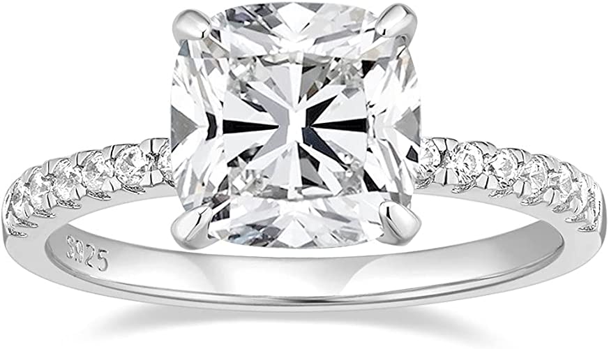 EAMTI 3.5CT 925 Sterling Silver Rings Cushion Cut Cubic Zirconia CZ Engagement Rings Wedding Bands for Women Promise Rings for Her Size 3-11