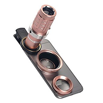 3 in 1 Lens 12X Telephoto Lens   0.45X Wide Angle Lens   15X Macro Lens, Clip-On Cell Phone Lens Kit for iPhone Samsung HTC and Most Smartphone (Rose Gold)