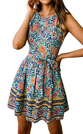 Angashion Women's O Neck Floral Print Swing Mini Dress Sleeveless Zip Up Summer Beach Dress with Belt