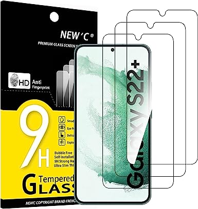 NEW'C 3 Piezas, Protector Pantalla para Samsung Galaxy S22  / S22 Plus, Antiarañazos, Antihuellas, Sin Burbujas, Dureza 9H, 0.26 mm Ultra Transparente, Vidrio Templado Ultra Resistente