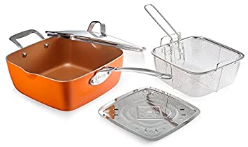 Gotham Steel Titanium Ceramic 9.5” Non-Stick Copper Deep Square Frying & Cooking Pan With Lid, Frying Basket, Steamer Tray, 4 Piece Set - Orange
