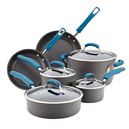 Rachael Ray 10 Piece Hard-Anodized Aluminum Nonstick Cookware Set with Marine Blue Handles