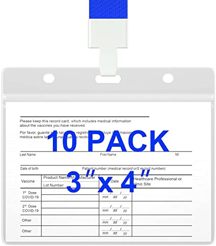 CDC Vaccination Card Protector, 10 Pack 4 X 3in CDC Immunization Badge Holder with Lanyard, Waterproof Name Tag ID Horizontal Clear Plastic Sleeve for Conference Events, Travel Resealable Zip