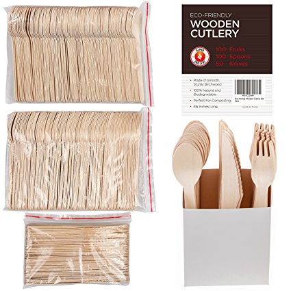 Disposable Wooden Cutlery Set. 250 Pieces: 100 Forks, 100 Spoons, 50 Knives. 6.25" Length, 100% Natural Eco-Friendly Birch Wood, Biodegradable, Compostable Utensils.