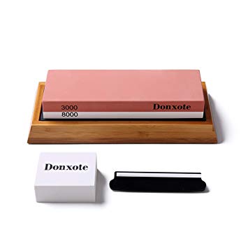 Donxote Whetstone, 2 Side 3000/8000 Grit Sharpener Stone, Premium Kitchen Knife Sharpener, with Nonslip Bamboo Base   Angle Guide   Flattening Stone