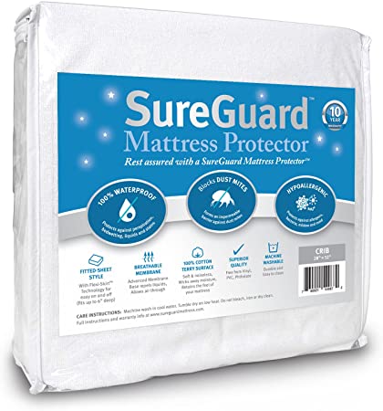 Crib Size SureGuard Mattress Protector - 100% Waterproof - Hypoallergenic - Breathable Soft Cotton Terry Cover - Blocks Dust Mites, Allergens, Mildew & Mold - Superior Quality - 30 Day Return Guarantee - 10 Year Warranty